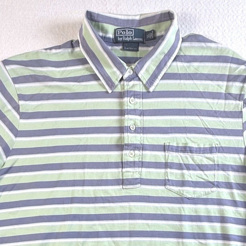 Polo Ralph Lauren Polo Shirt Mens XL Custom Fit Striped Pocket Green Blue